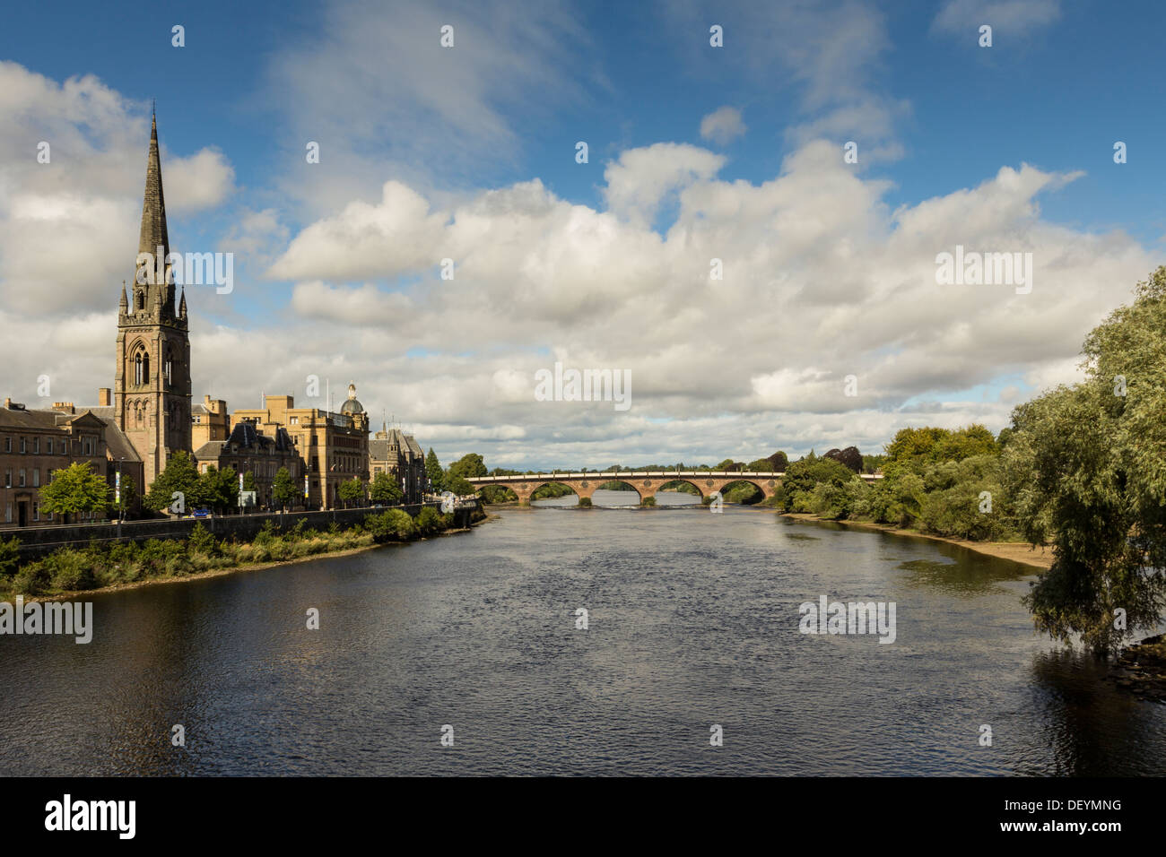 PERTH CITY SCOTLAND ON THE RIVER TAY WITH SMEATON'S OLD BRIDGE IN THE DISTANCE Stock Photo