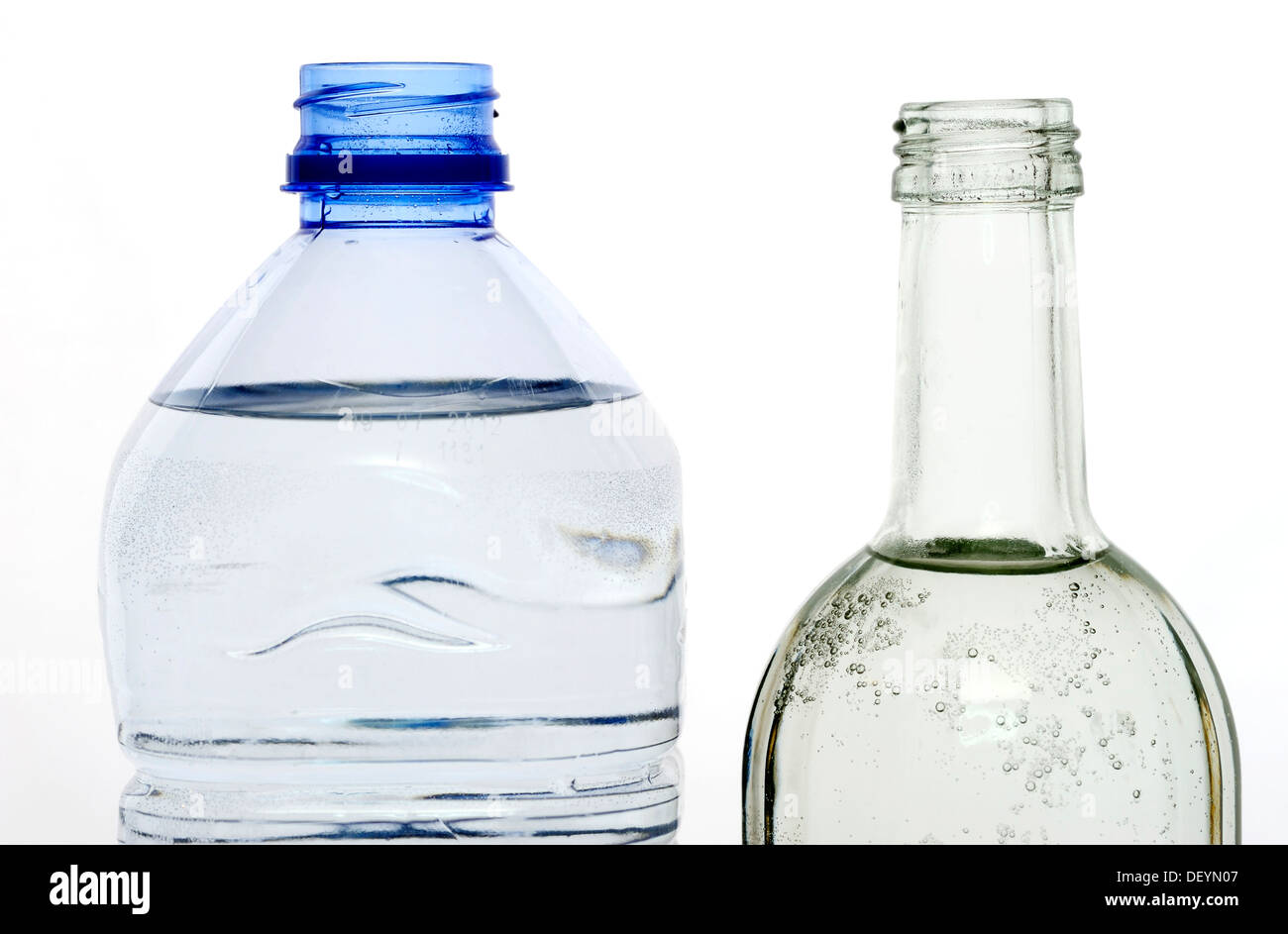 Water bottles made of glass and PVC Stock Photo