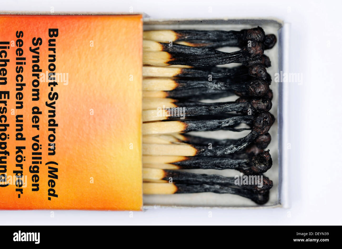 Matchbox with burnt matches, symbolic image for Burnout Syndrome Stock