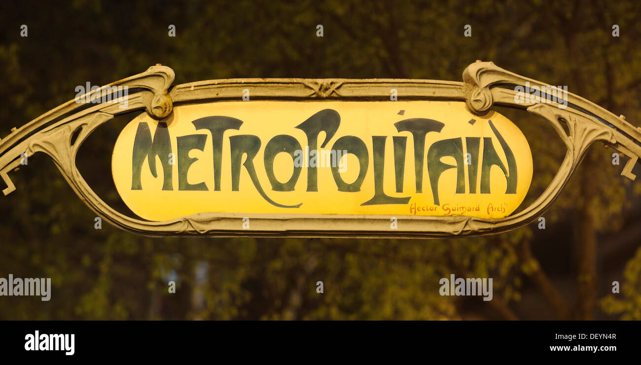 Entrance sign to the Metro, designed by Hector Guimard, Paris, Ile-de-France, France Stock Photo