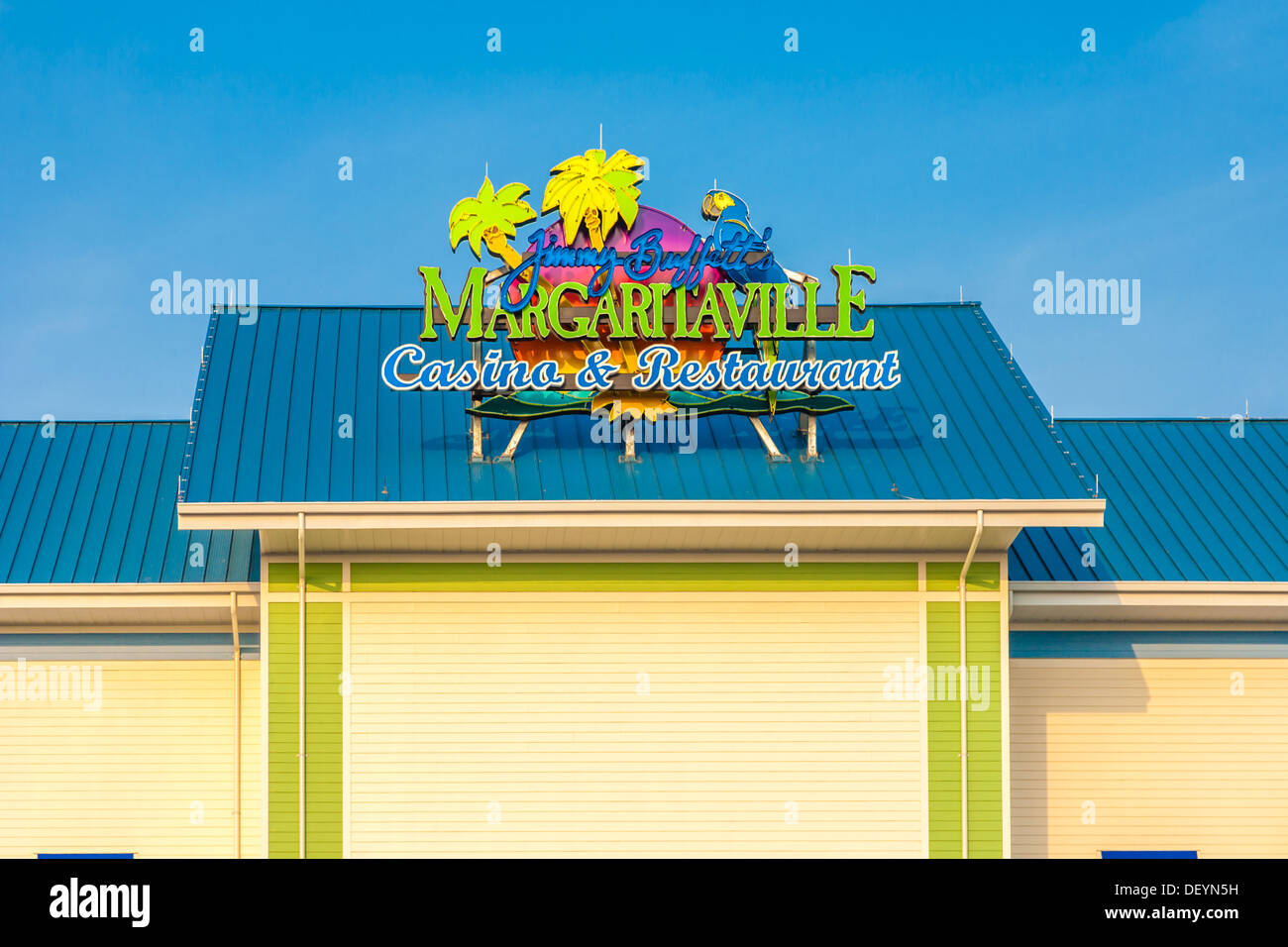 Neon sign above Jimmy Buffett's Margaritaville Casino and Restaurant on the Back Bay in Biloxi, MS Stock Photo