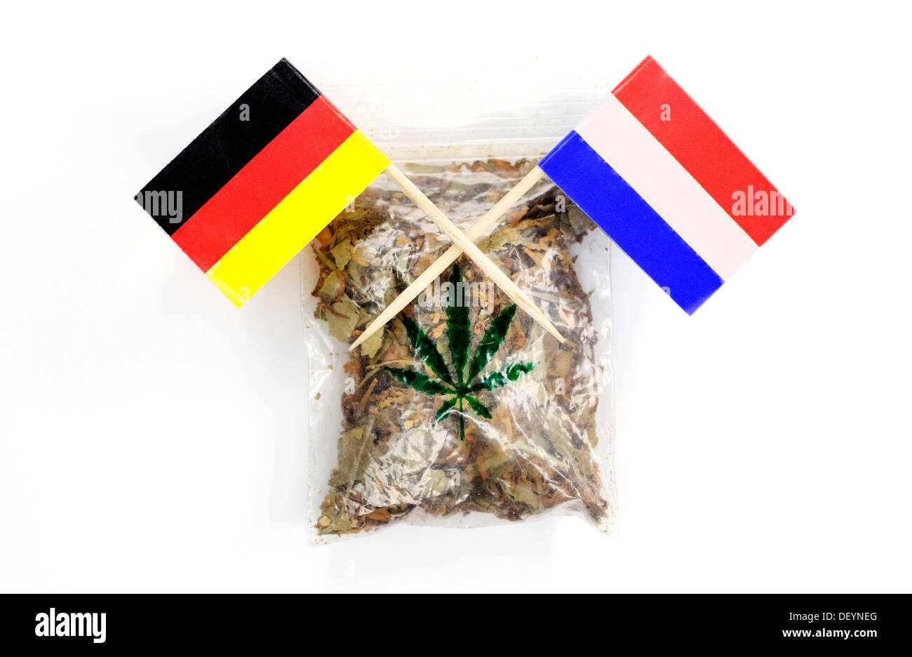 Bag of marijuana with the flags of Germany and the Netherlands, symbolic image Stock Photo
