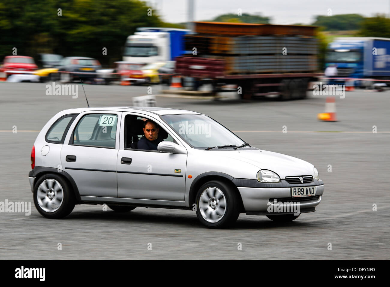 A car taking part in an AutoSolo at Strensham Services on the M5. Stock Photo