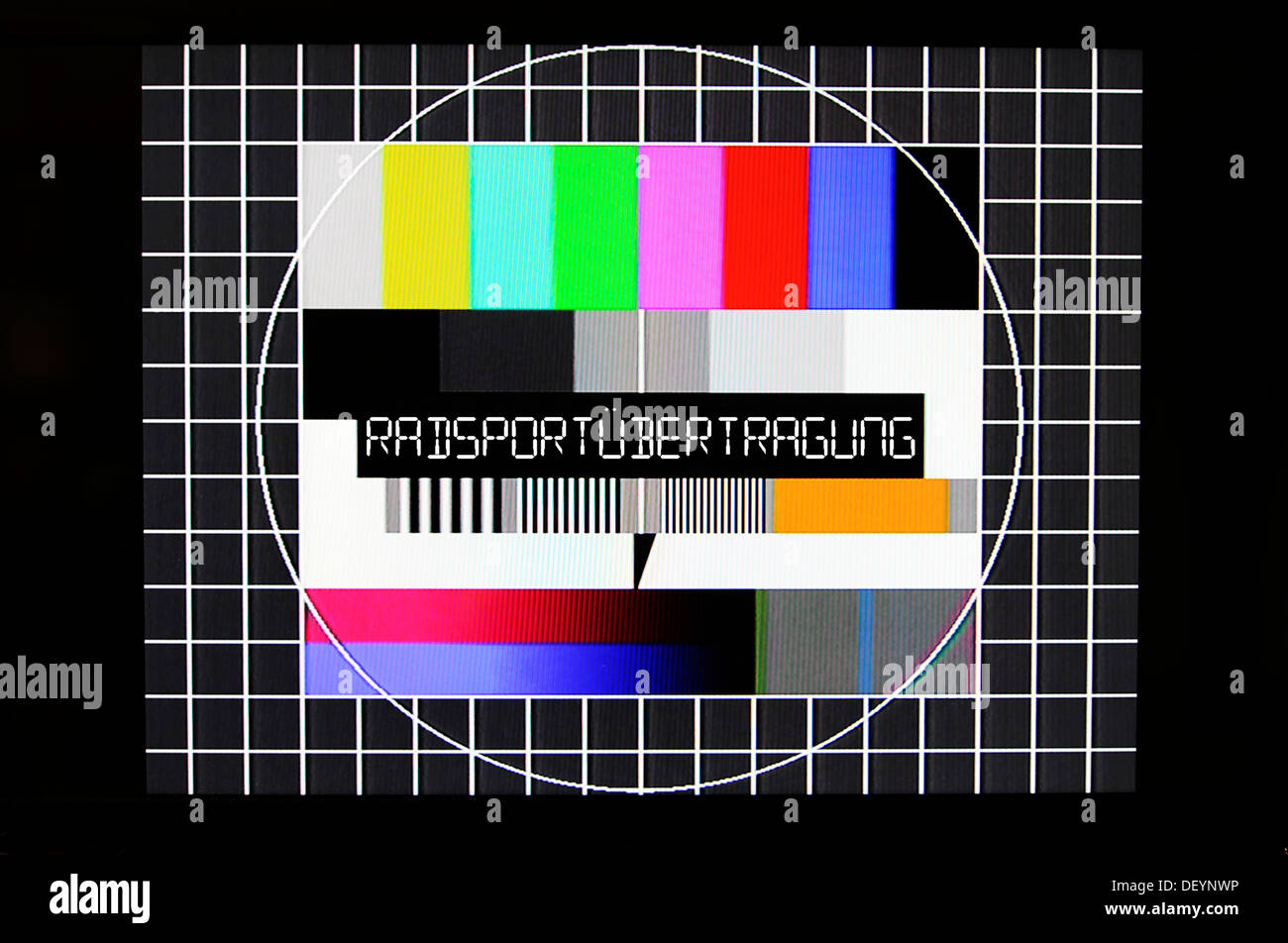 Television test pattern with 'Radsportuebertragung' or transmission of a cycling event, symbolic image for no live broadcast of Stock Photo