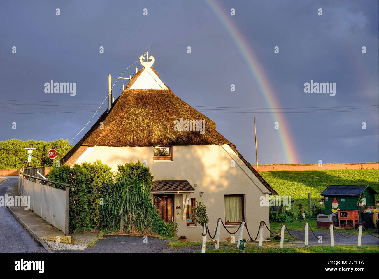 Rainbows and half-timbered house in Kirchwerder, 4 and marshy land, Hamburg, Germany, Europe, Regenbogen und Fachwerkhaus in Kir Stock Photo