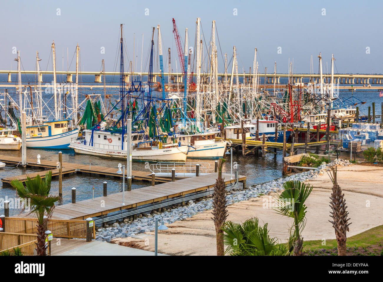 Private and commercial fishing boats docked outside Jimmy Buffett's Margaritaville Casino and Restaurant in Biloxi, MS Stock Photo