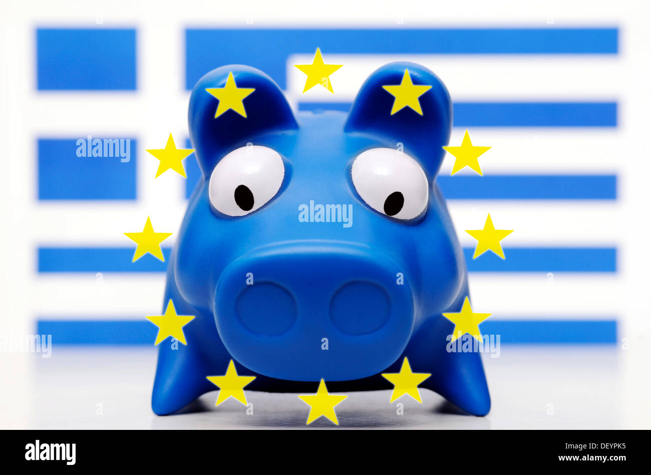 Piggy bank in front of a Greek flag, symbolic image for government ...