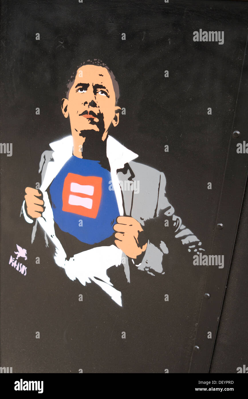 A stenciled graffiti image of President Barack Obama as a superhero. Stock Photo