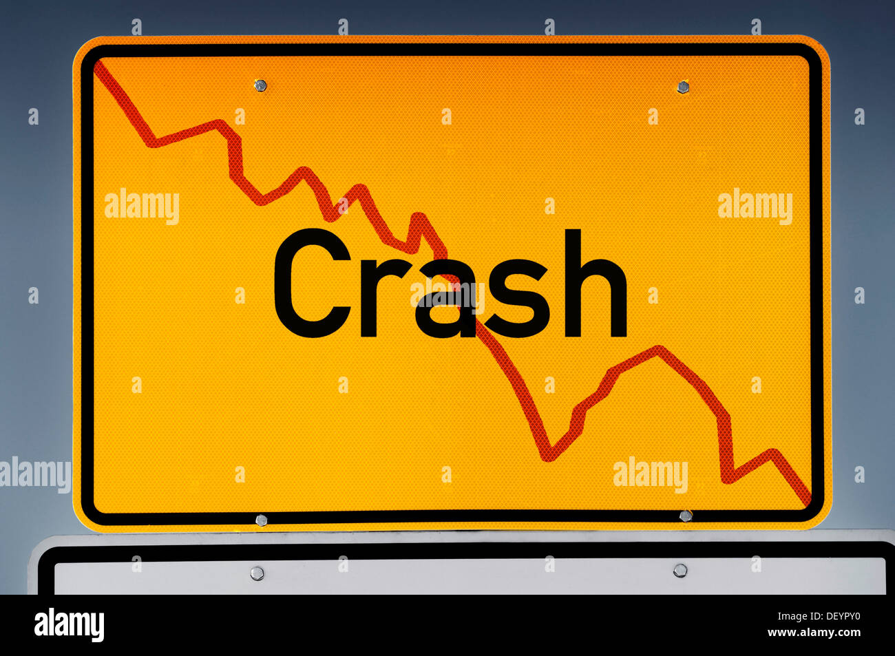 Placename sign with declining stock chart, lettering "Crash", stock