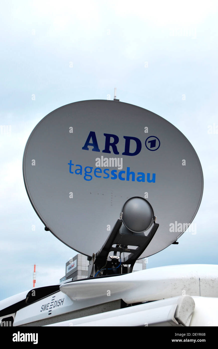 Satellite dis, ARD, German television station, Tagesschau, German news show, outside broadcast van Stock Photo