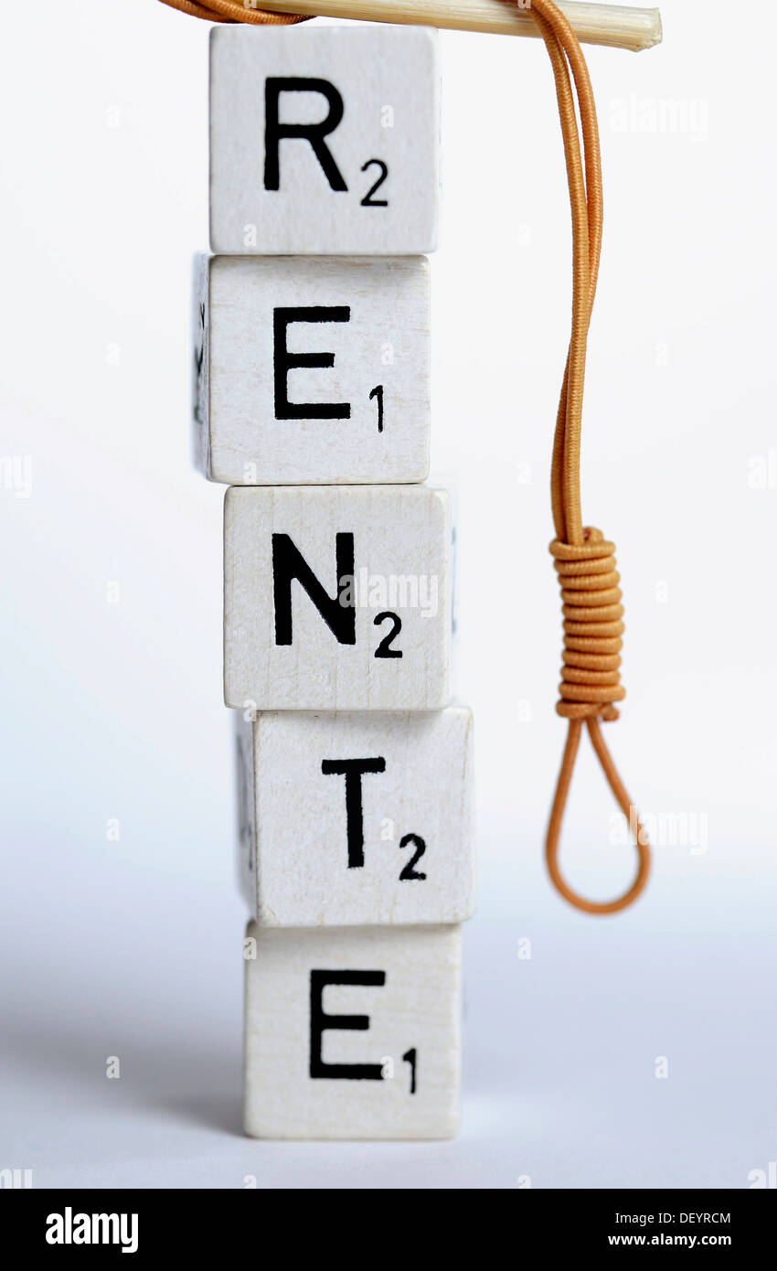Tower of letter blocks, lettering 'Rente', German for 'pension' and a hangman's knot, symbolic image for the uncertain future of Stock Photo
