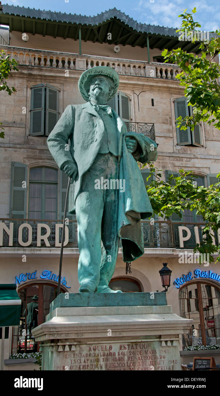 Arles France Provence Place du Forum and the Statue of Frederic Mistral Provencal writer (1830-1914) Stock Photo