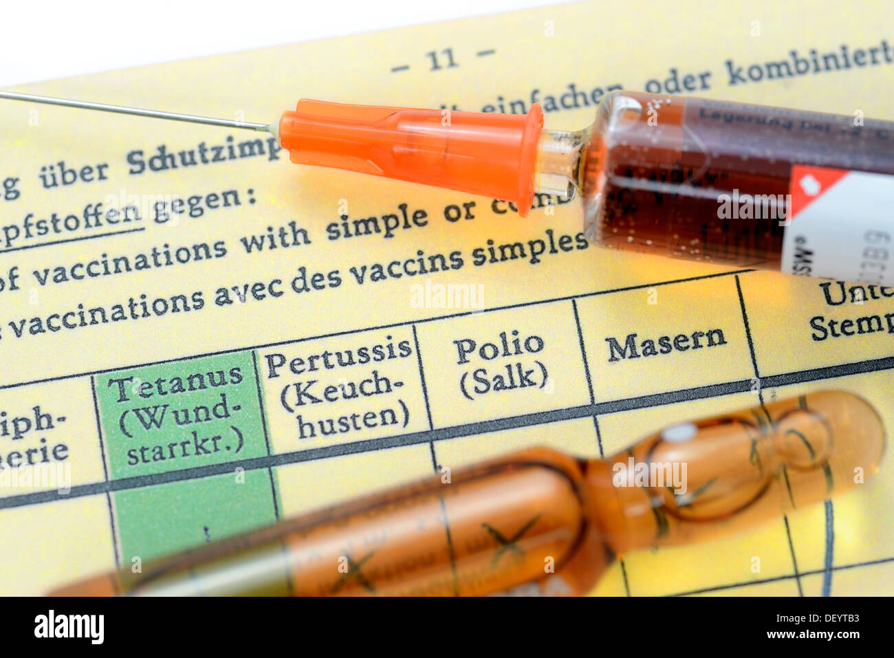 Syringe on vaccination card, Spritze auf Impfpass Stock Photo