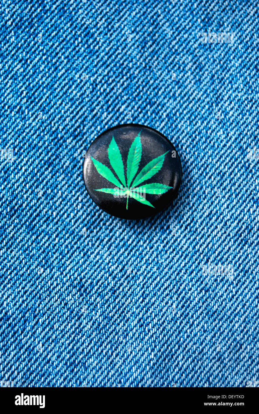 Hemp leaf, badge, denim Stock Photo