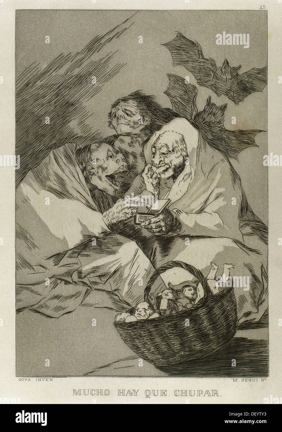 Francisco de Goya (1746-1828). Los Caprichos. Mucho hay que chupar... (There is much to lick). Number 45. Aquatint. 1799. Stock Photo