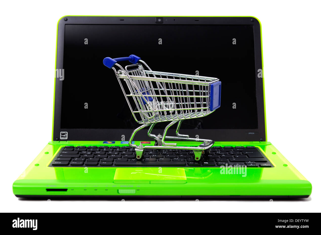 Shopping carts on a laptop, on-line shopping, Einkaufswagen auf einem Laptop, Onlineshopping Stock Photo