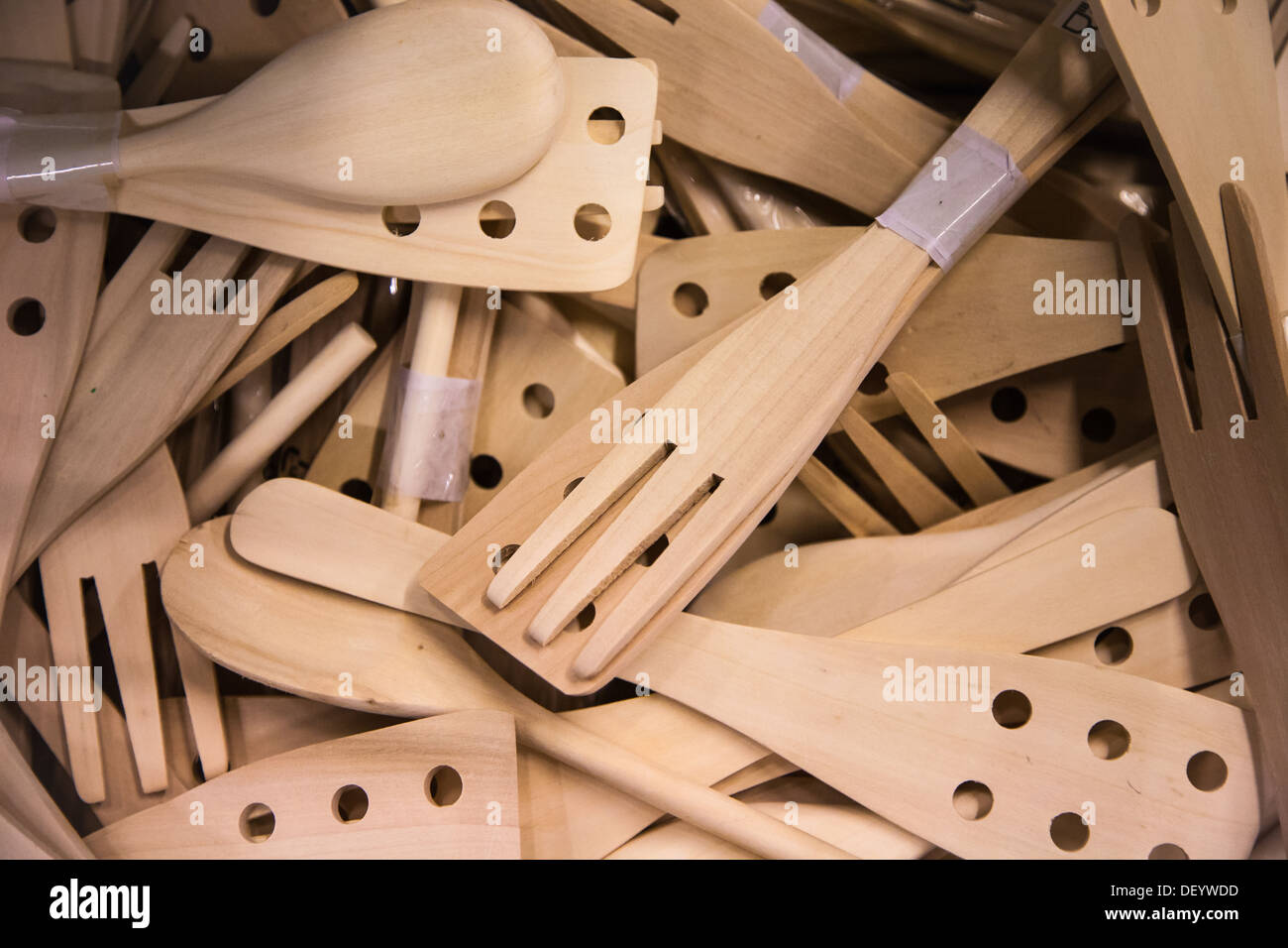 Wooden cooking utensils on display in an IKEA store Stock Photo