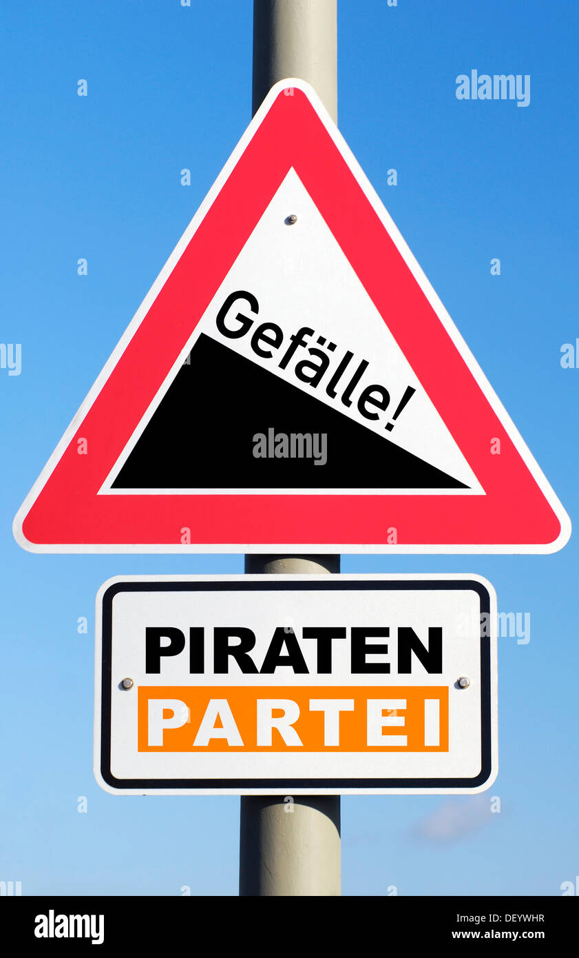 Sign, lettering 'Gefaelle', German for 'Slope' and 'Piraten-Partei', German for 'Pirate Party', symbolic image Stock Photo