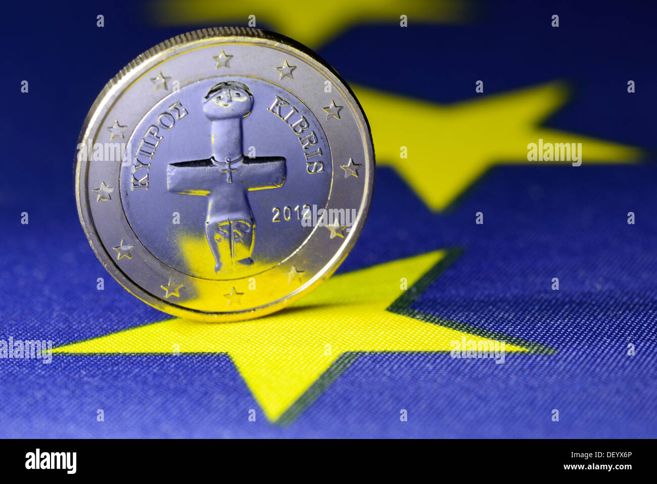 One euro coin from Cyprus on an EU flag, Germany Stock Photo