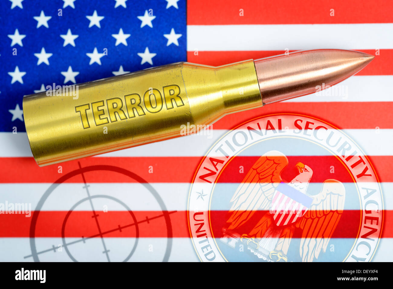 Cartridge with terror stroke on USA flag, terror warning, Patrone mit Terror-Schriftzug auf USA-Fahne, Terrorwarnung Stock Photo
