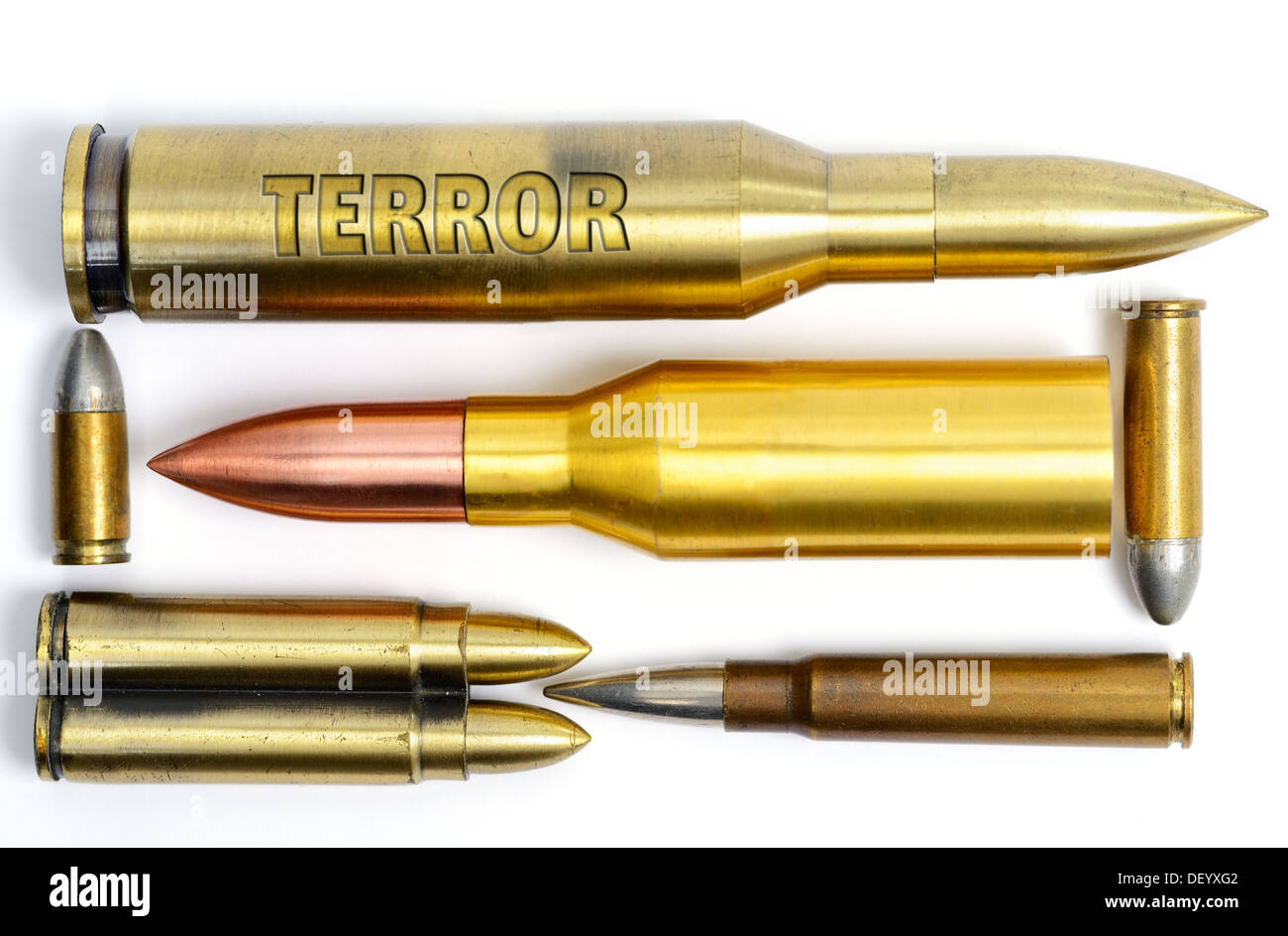 Ammunition with terror engraving, terror warning, Munition mit Terror-Gravur, Terrorwarnung Stock Photo