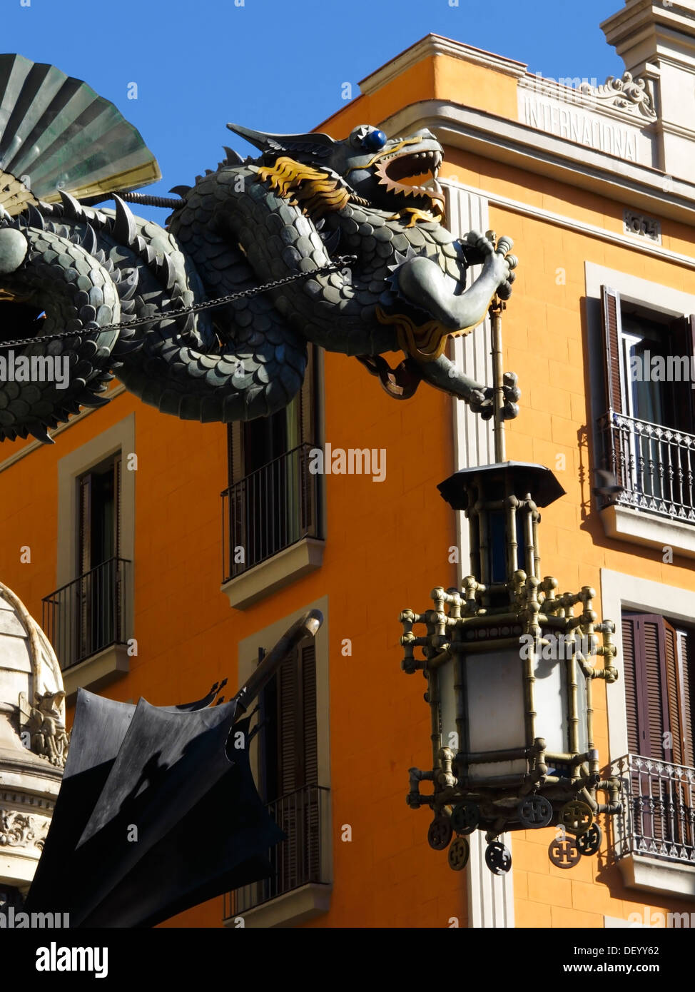 Dragon sculpture on Casa Bruno Quadros, Las Ramblas, Barcelona, Catalonia, Spain, Europe Stock Photo
