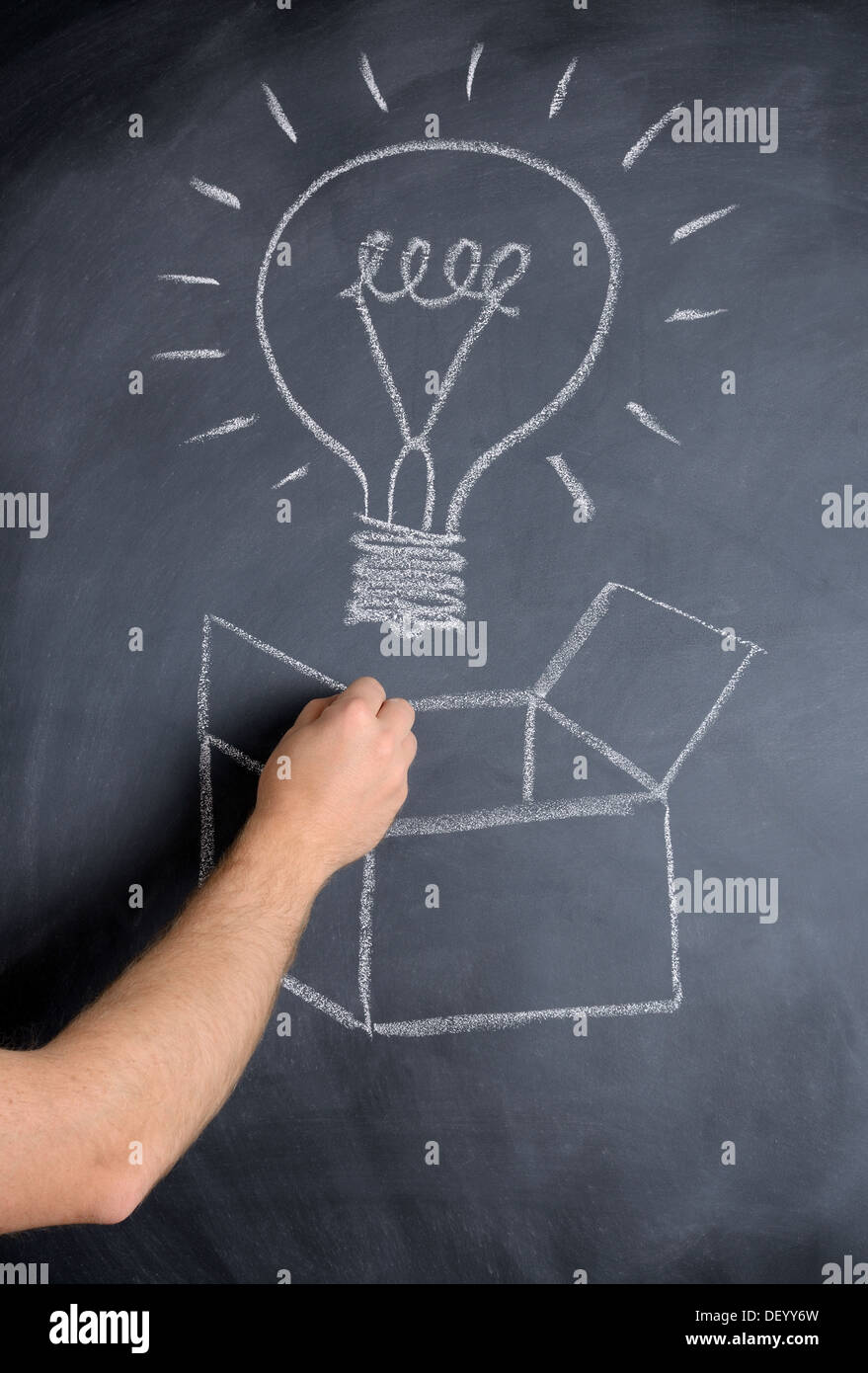 concept of thinking outside the box with an idea bulb on a chalkboard Stock Photo