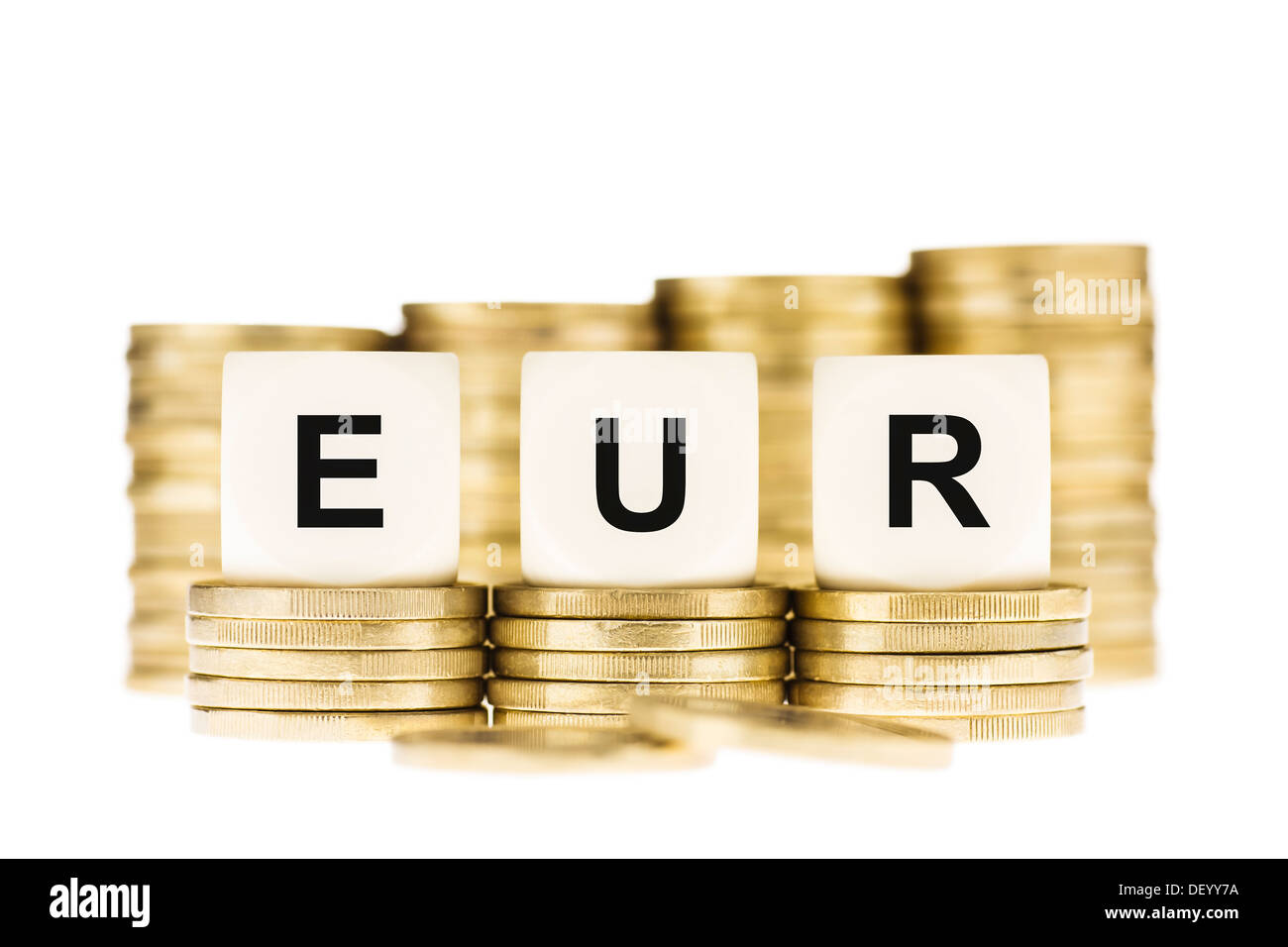 EUR (Euro Currency) on Gold Coin Stack Isolated on White Stock Photo ...