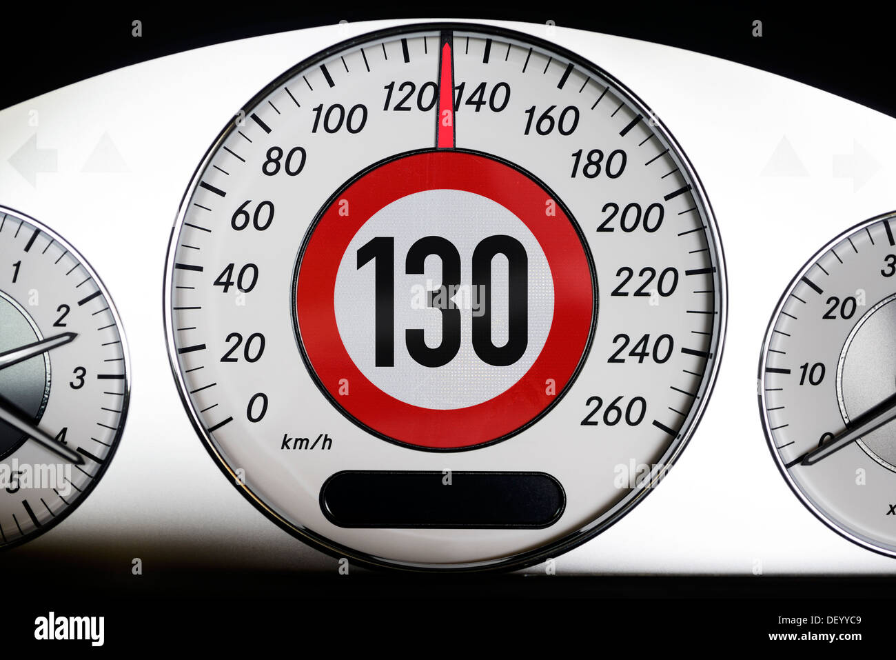 Autospeedometer with 130 km/h, speed limit on highways, Autotacho bei 130 km/h, Tempolimit auf Autobahnen Stock Photo