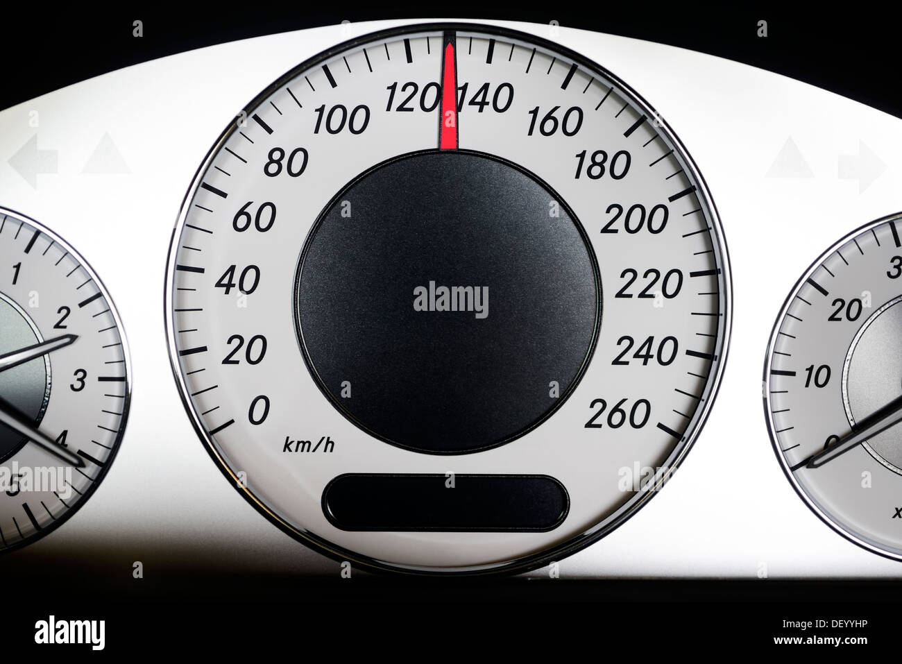 Autospeedometer with 130 km/h, speed limit, Autotacho bei 130 km/h, Tempolimit Stock Photo