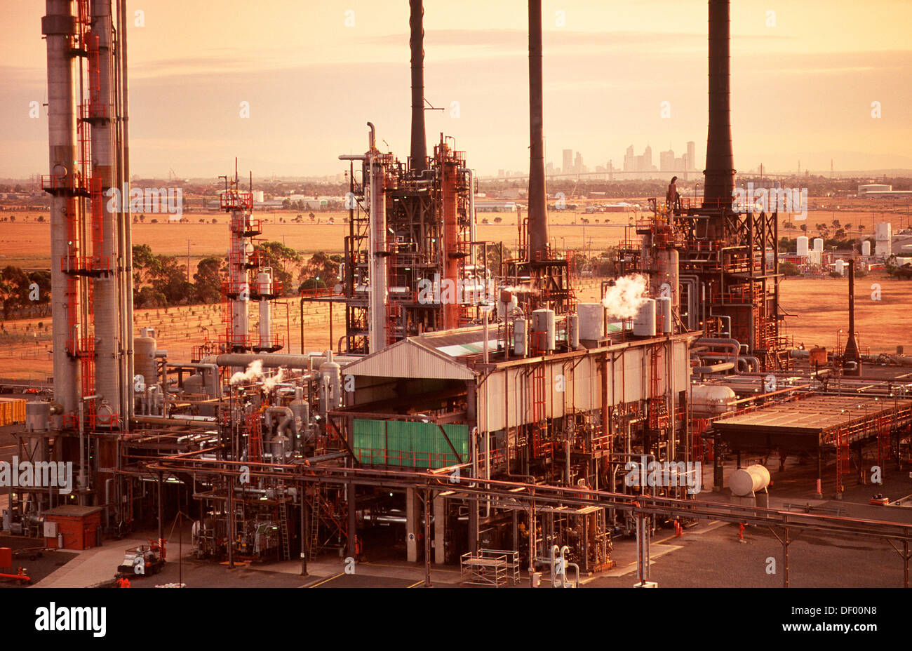 Petrochemical oil refinery with Melbourne city in background. Australia