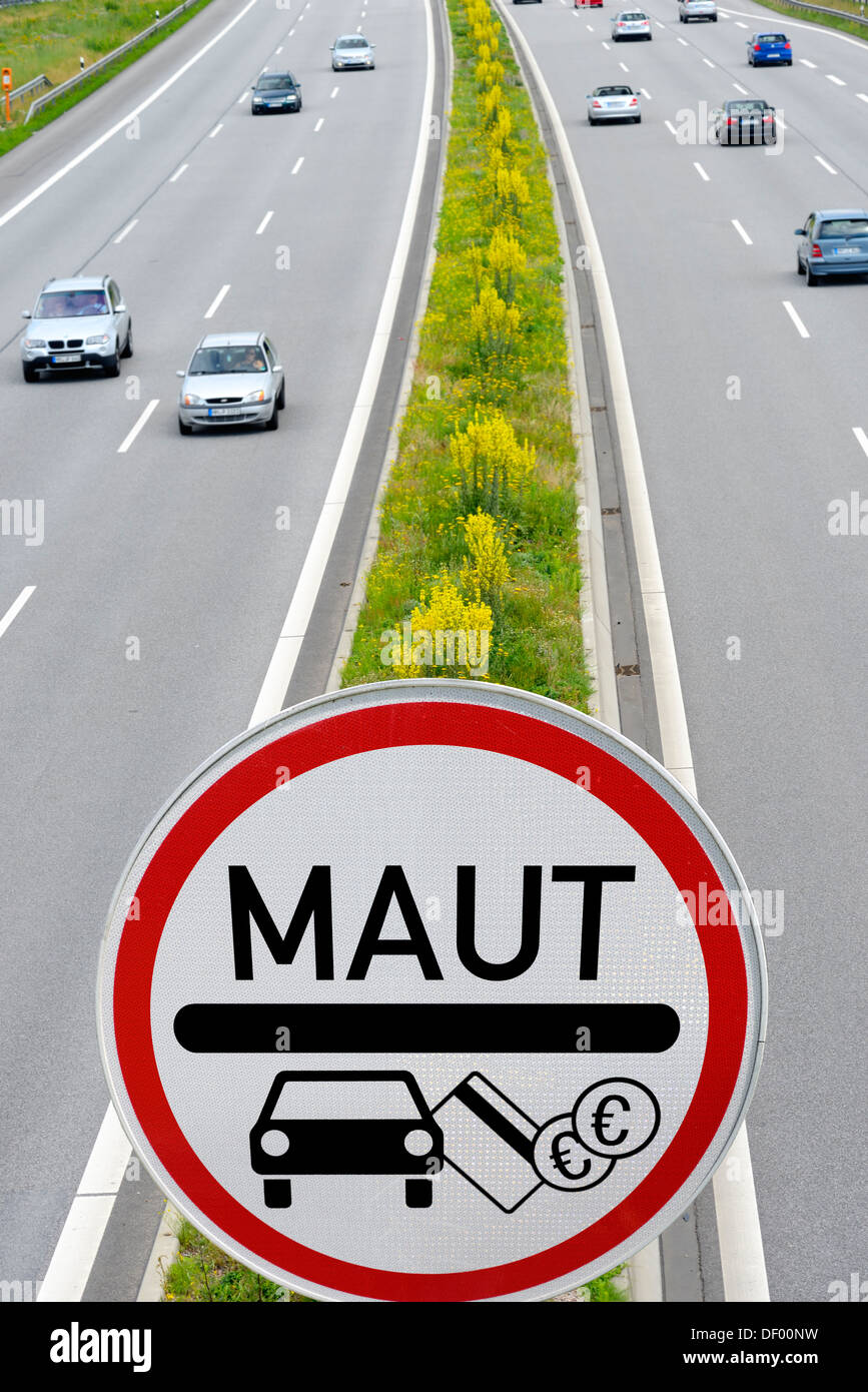 Highway with passenger car toll sign, photomontage, Autobahn mit PKW-Maut-Schild, Fotomontage Stock Photo