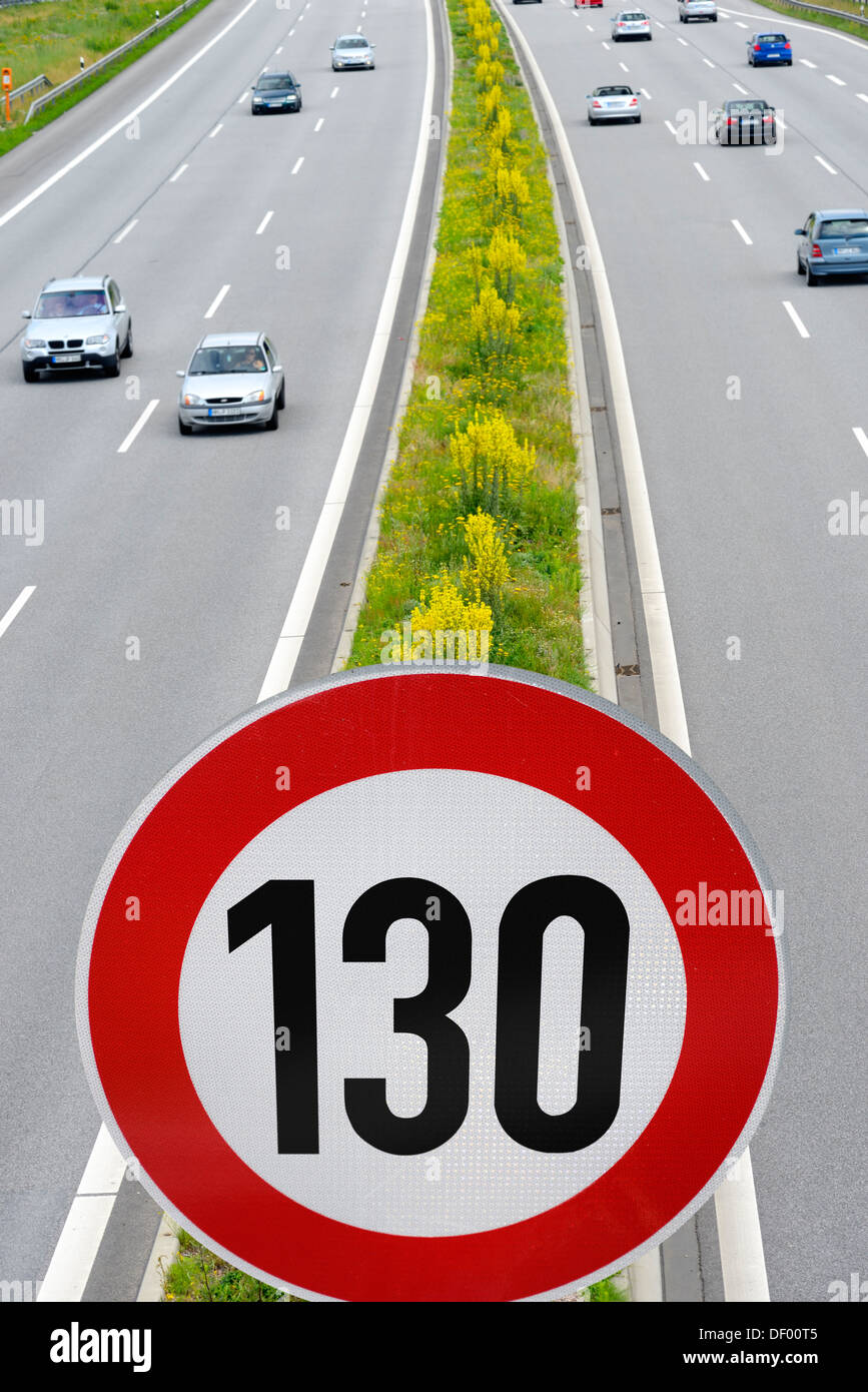 Highway with speed limitation 130 km/h, speed limit on highways, Autobahn mit Geschwindigkeitsbegrenzung 130 km/h, Tempolimit au Stock Photo