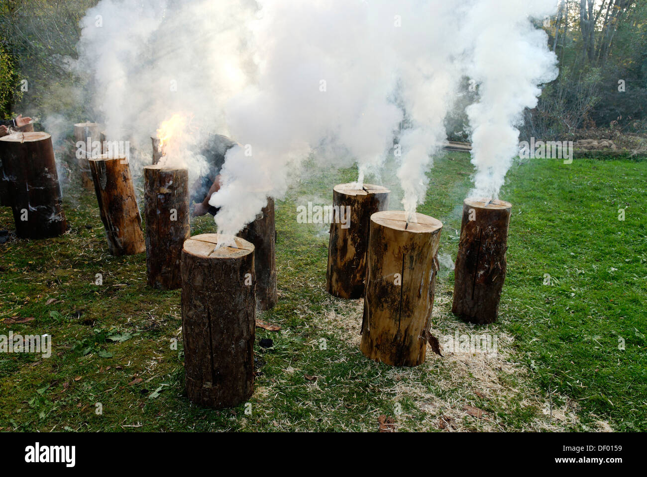 Burning, smoking Swedish torches, flaming torch Stock Photo