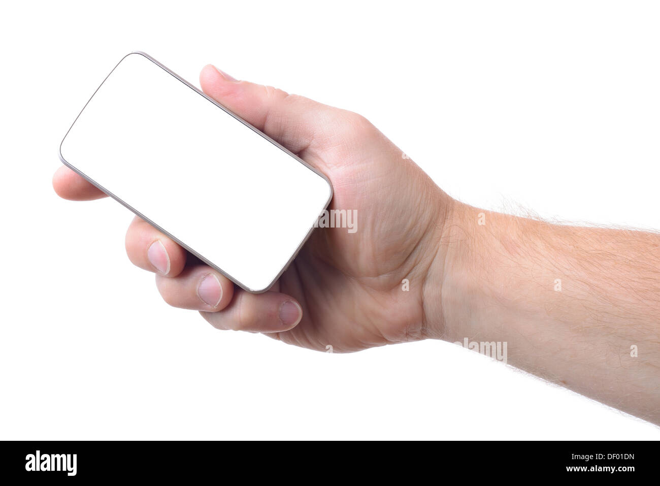 male hand holding a smart phone with clipping path to insert design isolated on white background Stock Photo
