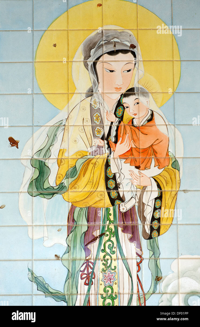 Madonna and child, mosaic from China, Basilica of Annunciation, Nazareth, Galilee, Israel, Middle East Stock Photo