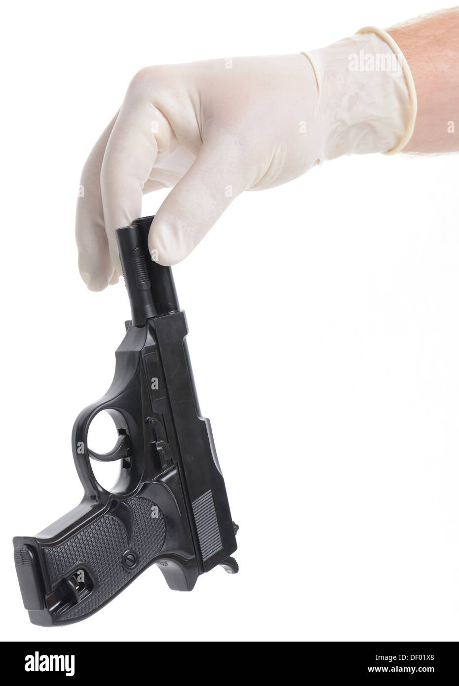 Concept of a crime scene with Forensic police picking up a gun isolated on white Stock Photo