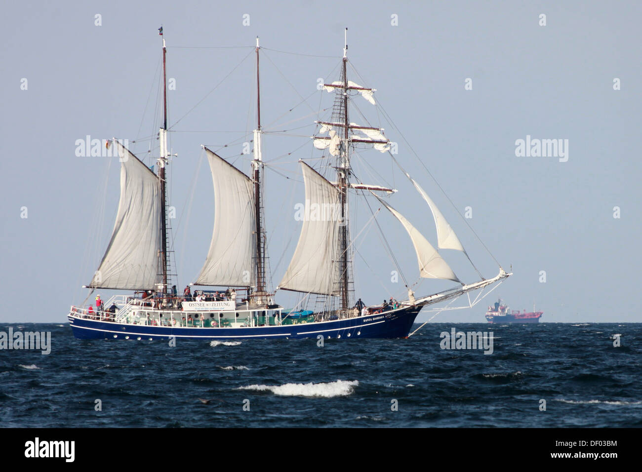 Three-masted traditional rig sailing ship Santa Barbara Anna, sailing on the Baltic Sea, Germany Stock Photo