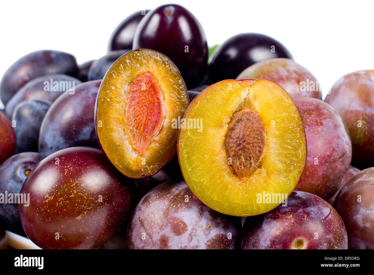 Download Fresh Red Plums With One Sliced Open To Reveal The Succulent Yellow Stock Photo Alamy PSD Mockup Templates