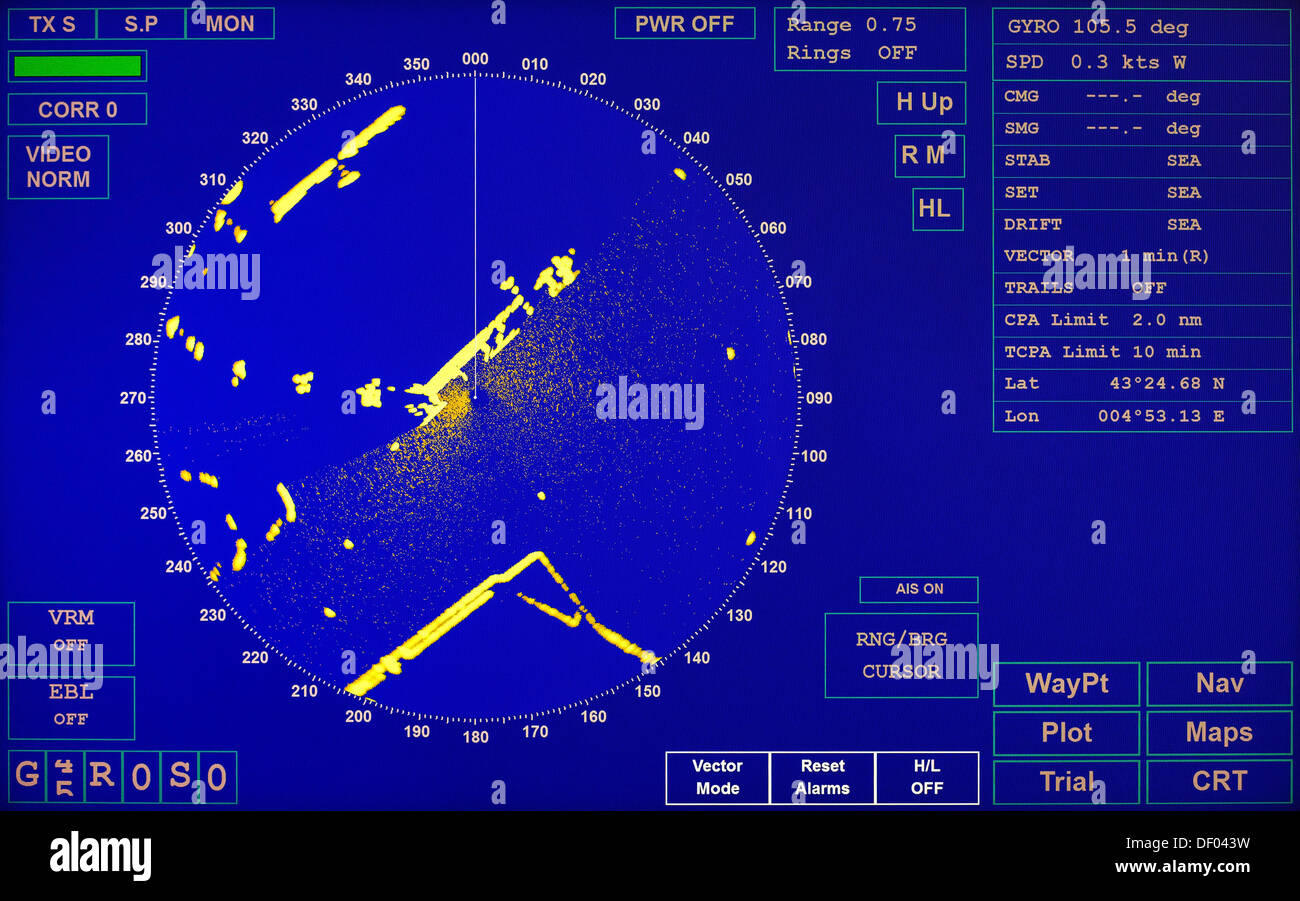 Blue modern ship radar screen with round map and standard text labels ...