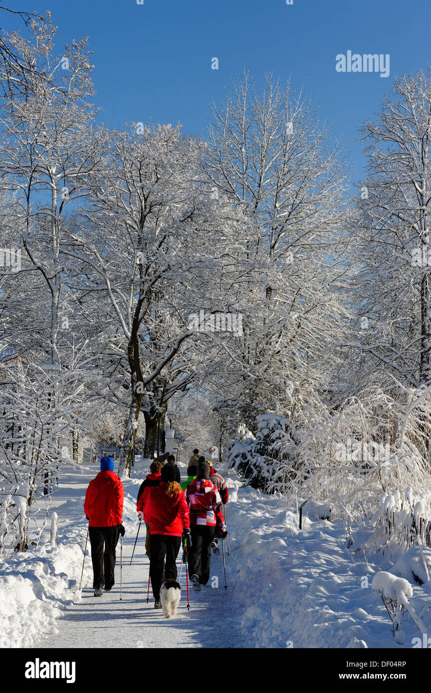 Hikers in winter, Kräuter-Erlebnis-Park herb theme park, Bad Heilbrunn, Loisachtal, Tölzer Land, Upper Bavaria Stock Photo