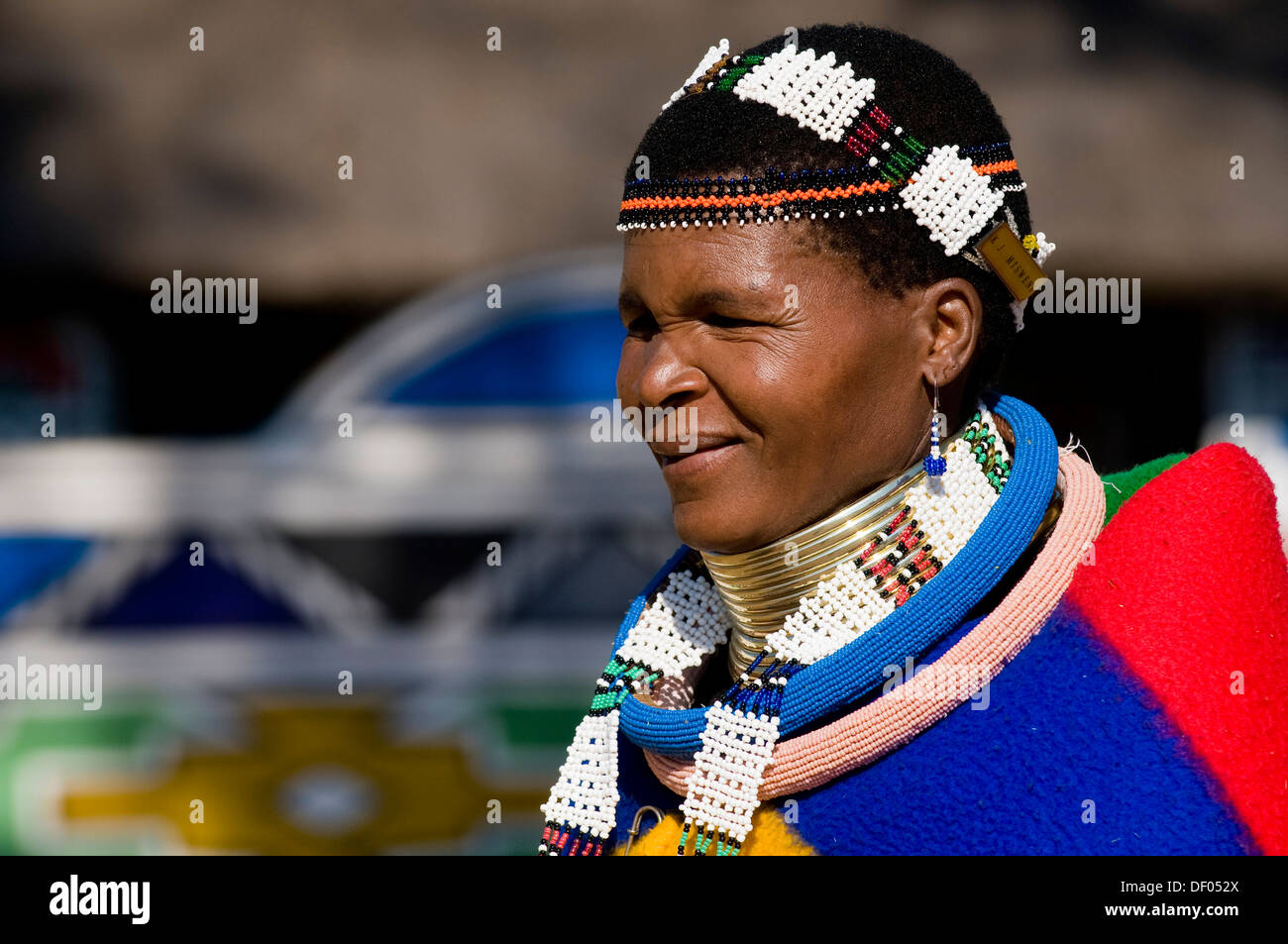 Ndebele woman wearing traditional dress, portrait, Botshabele Mission Station, Limpopo, South Africa, Africa Stock Photo