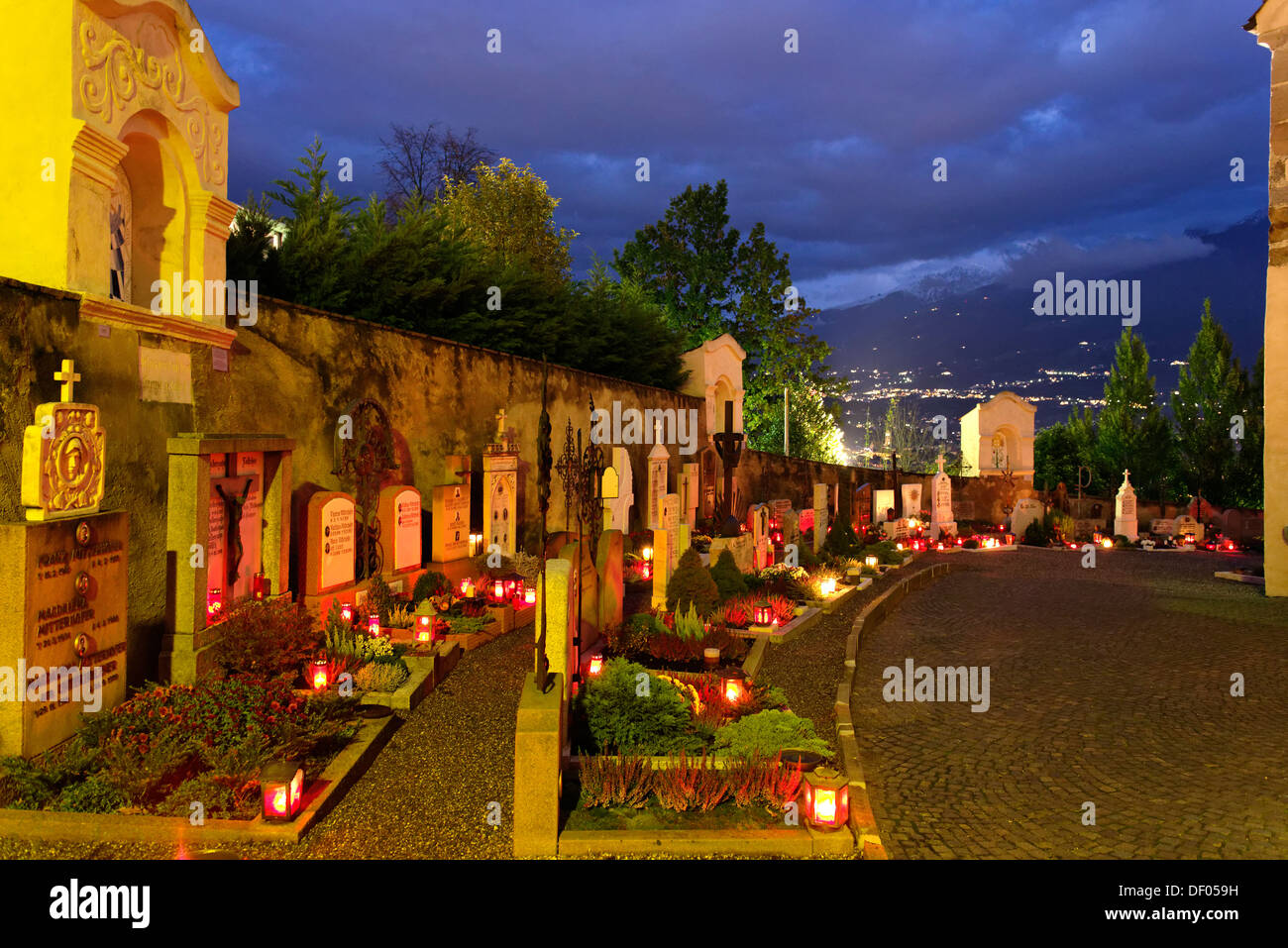 Cemetery at night, Marling, Marling, Burggrafenamt, South Tyrol province, Trentino-Alto Adige, Italy Stock Photo