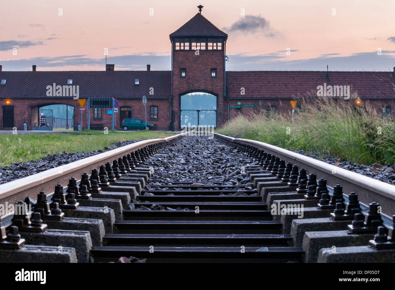 Rail tracks and entrance gate to the Auschwitz-Birkenau concentration