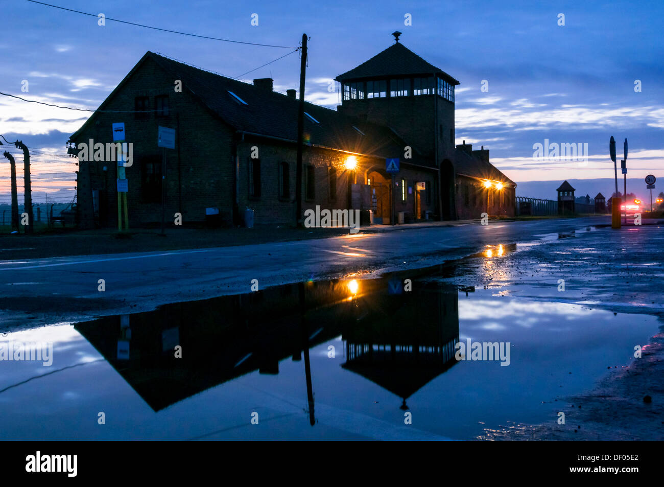 Auschwitz-Birkenau concentration camp at dusk, night, reflections, Auschwitz, Lesser Poland, Poland, Europe Stock Photo