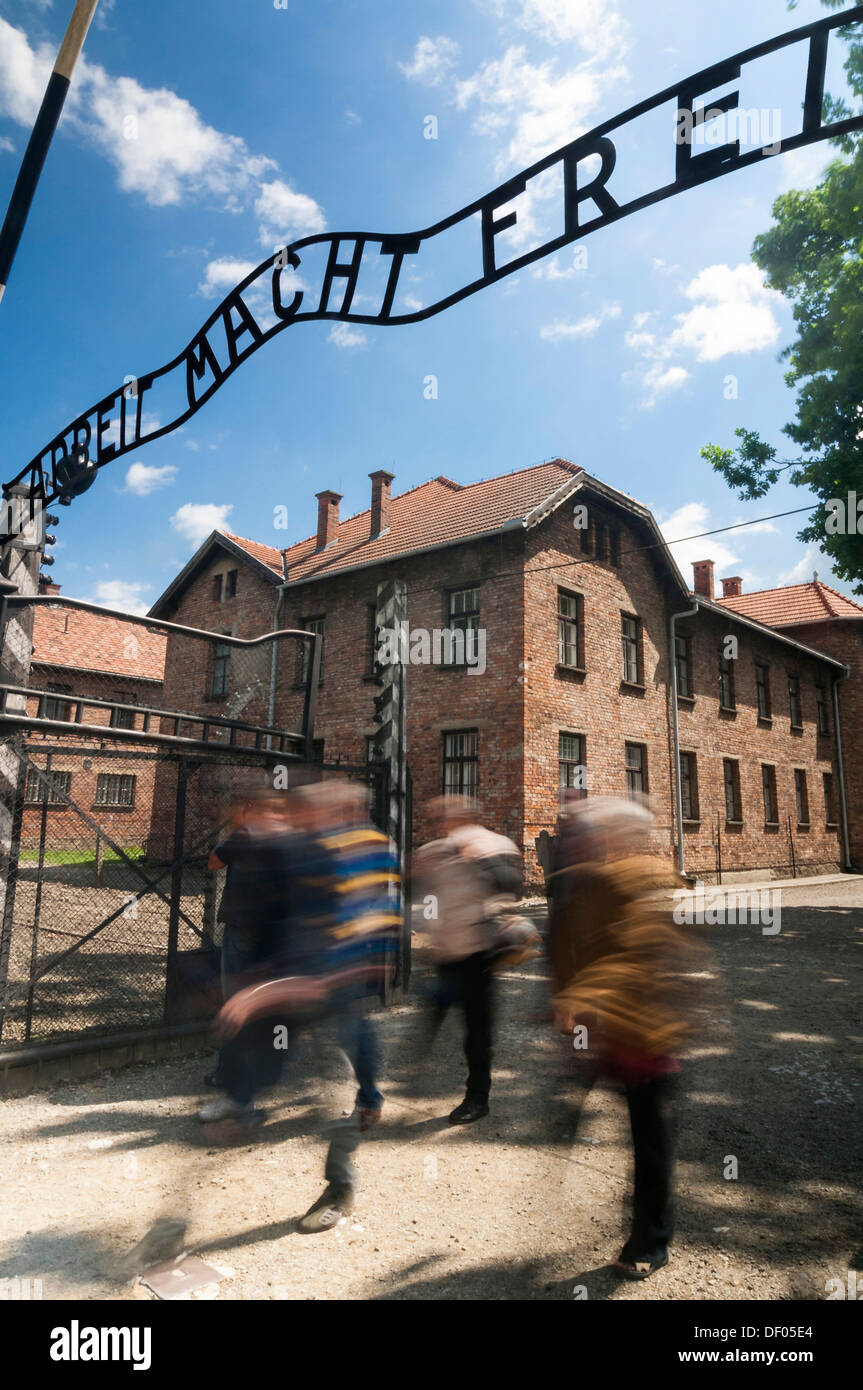 Sign 'Arbeit macht frei', German for 'work brings freedom', Auschwitz I concentration camp, Auschwitz, Lesser Poland, Poland Stock Photo