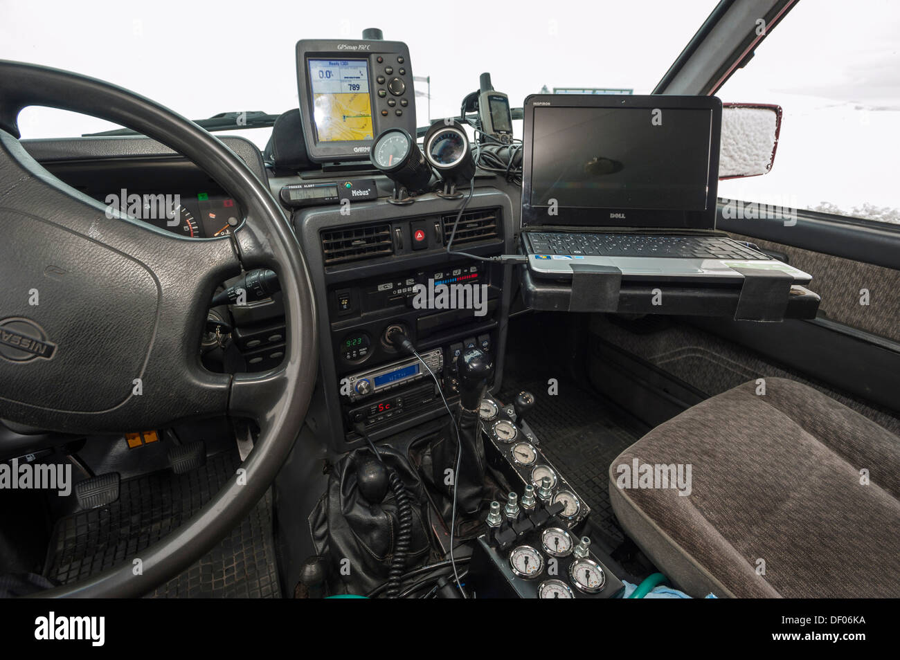 Cockpit from the inside, interior, technology, Super Jeep, GPS, navigation, laptop, Iceland, Europe Stock Photo