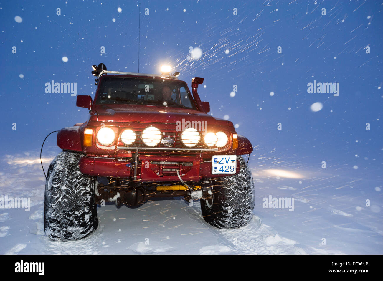 Super Jeep in a snow storm, winter landscape, Vatnajoekull Glacier, Icelandic Highlands, Iceland, Europe Stock Photo