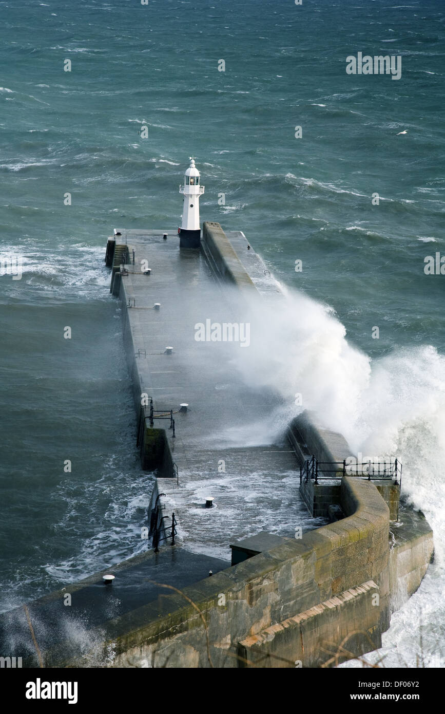 Lighthouse on harbour wall in Mevagissey, Cornwall, UK. Stock Photo
