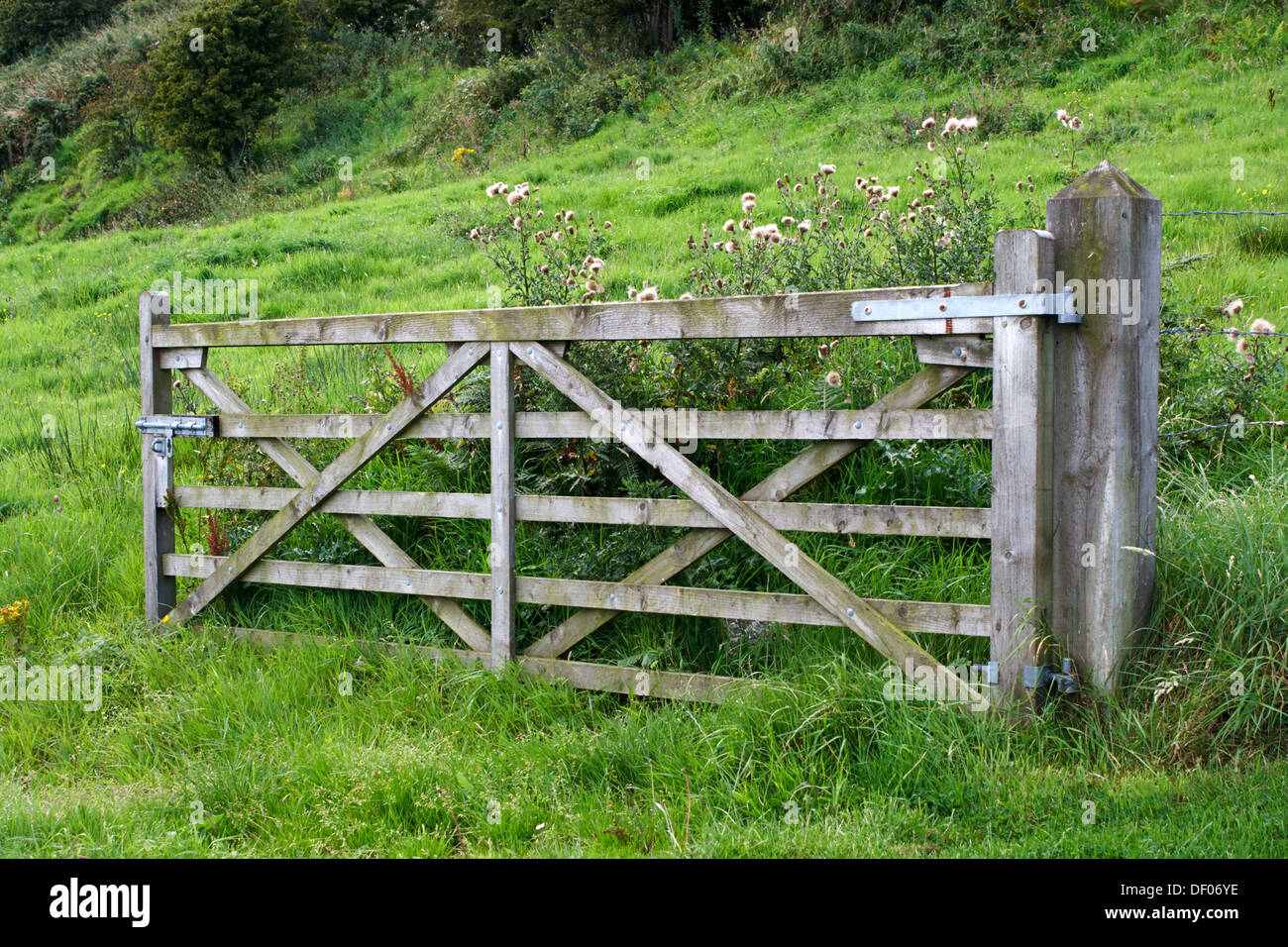 open wooden five bar gate field entrance in rural ireland Stock Photo